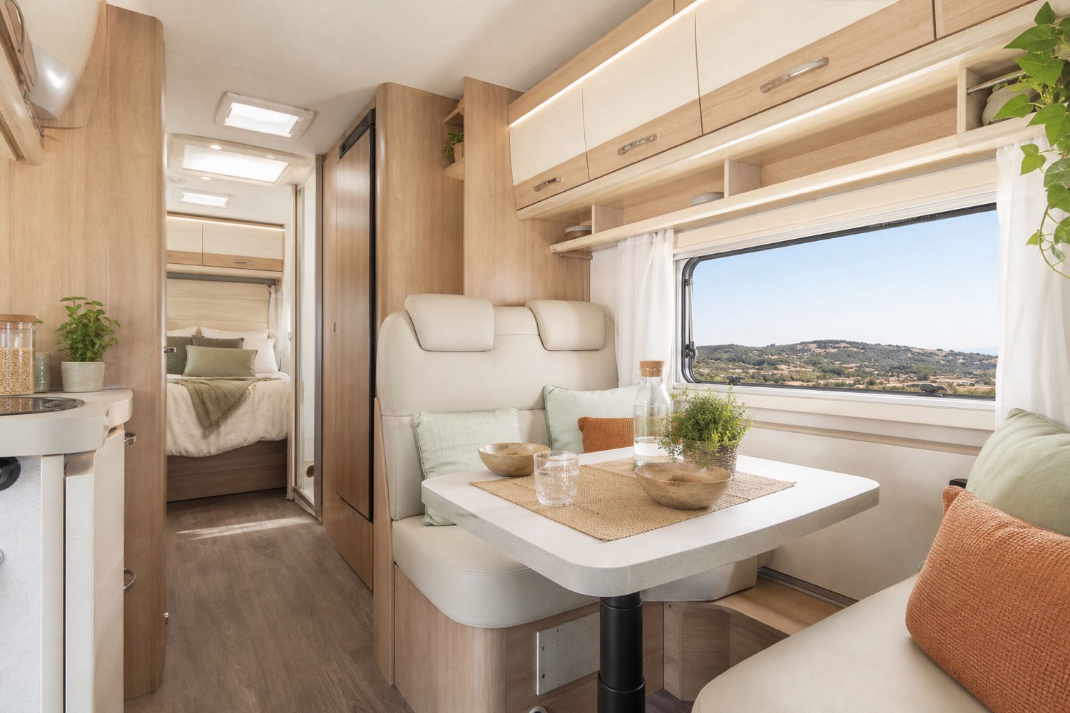 Interior luminoso de la autocaravana con mesa, asientos y vistas al campo